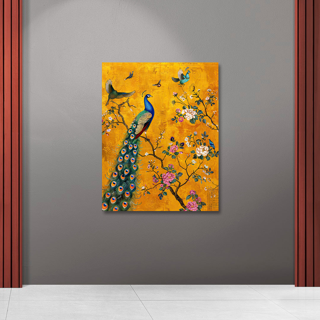 Royal Peacock Floral Canvas Wall Painting | Luxury Bird Artwork with Golden Background | Premium Decorative Wall Art