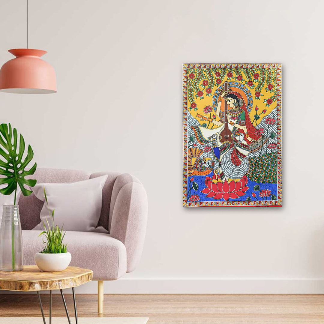 Saraswati Canvas Wall Art | Spiritual Painting for Home, Study Room & Office