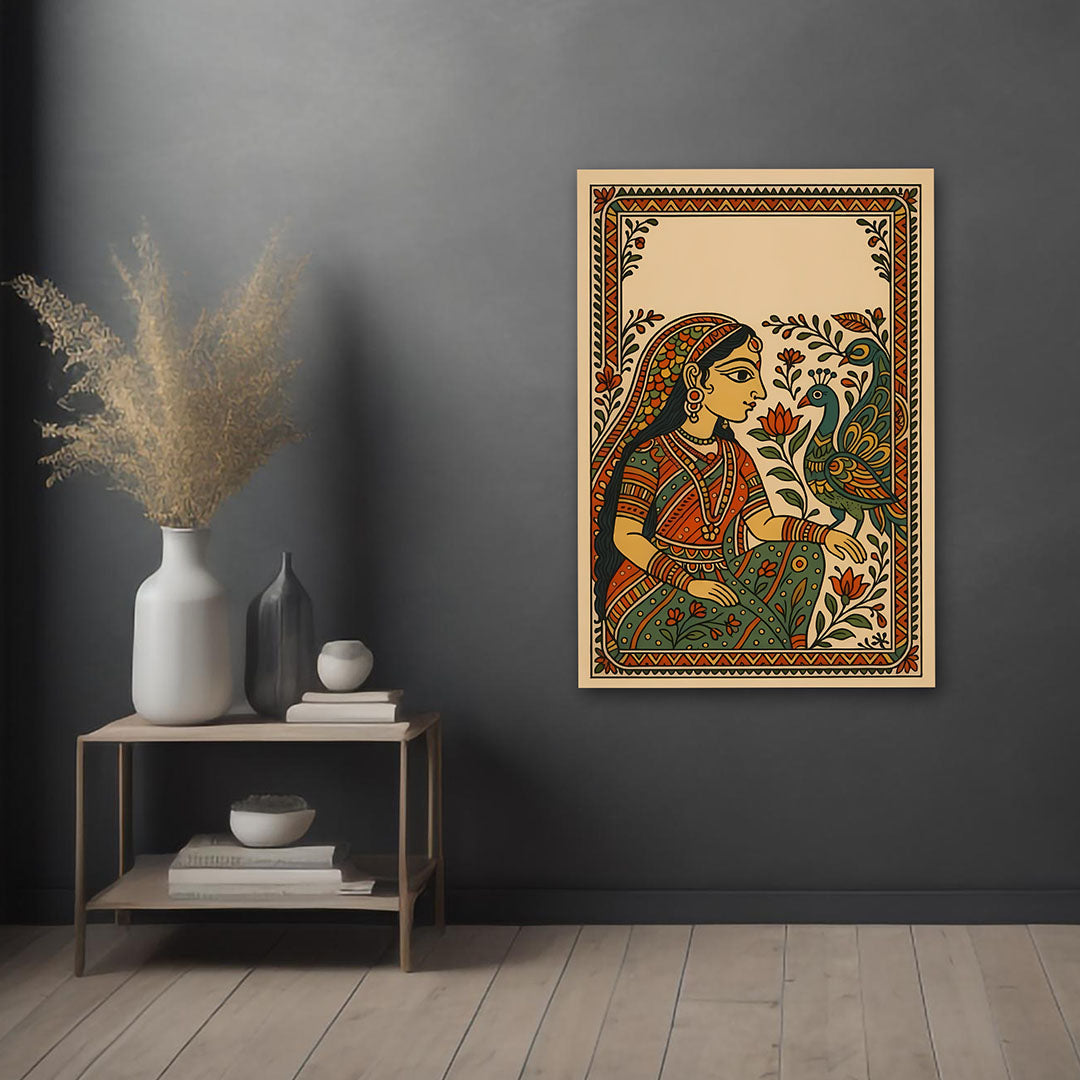 Traditional Indian Folk Art Canvas Painting | Woman with Bird Ethnic Wall Art Canvas Painting Frame for Living Room