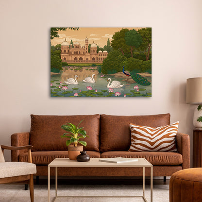 Royal Garden Palace Landscape Canvas Wall Painting | Swan & Peacock Nature Artwork | Premium Scenic Wall Decor