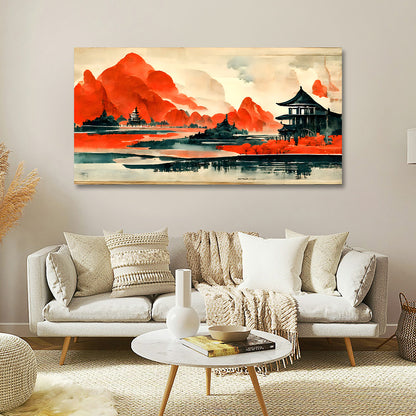 Red Mountain Landscape Canvas Wall Art Asian Scenic Painting Decor