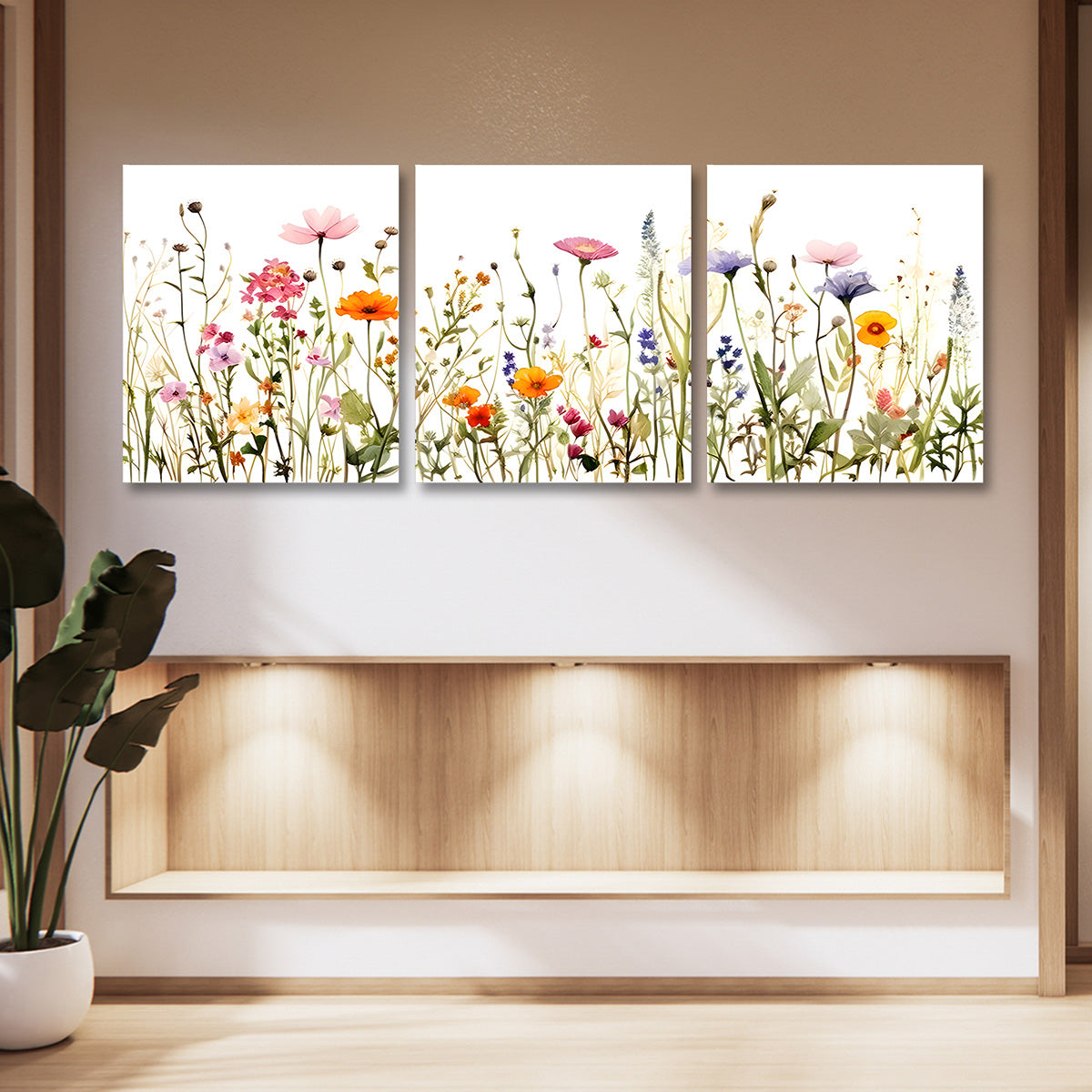 Wildflower Meadow Wall Art Set of 3 Panels | Colorful Floral Canvas Painting | Acrylic UV Printed Wall Decor for Living Room Bedroom (18 x 24 Inches Each Part)