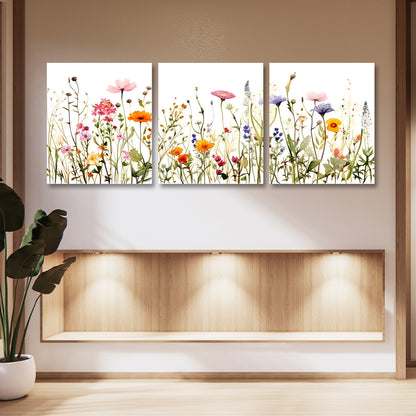 Wildflower Meadow Wall Art Set of 3 Panels | Colorful Floral Canvas Painting | Acrylic UV Printed Wall Decor for Living Room Bedroom (18 x 24 Inches Each Part)