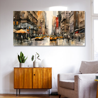 Modern City Street Canvas Wall Art with Yellow Taxi Urban Painting