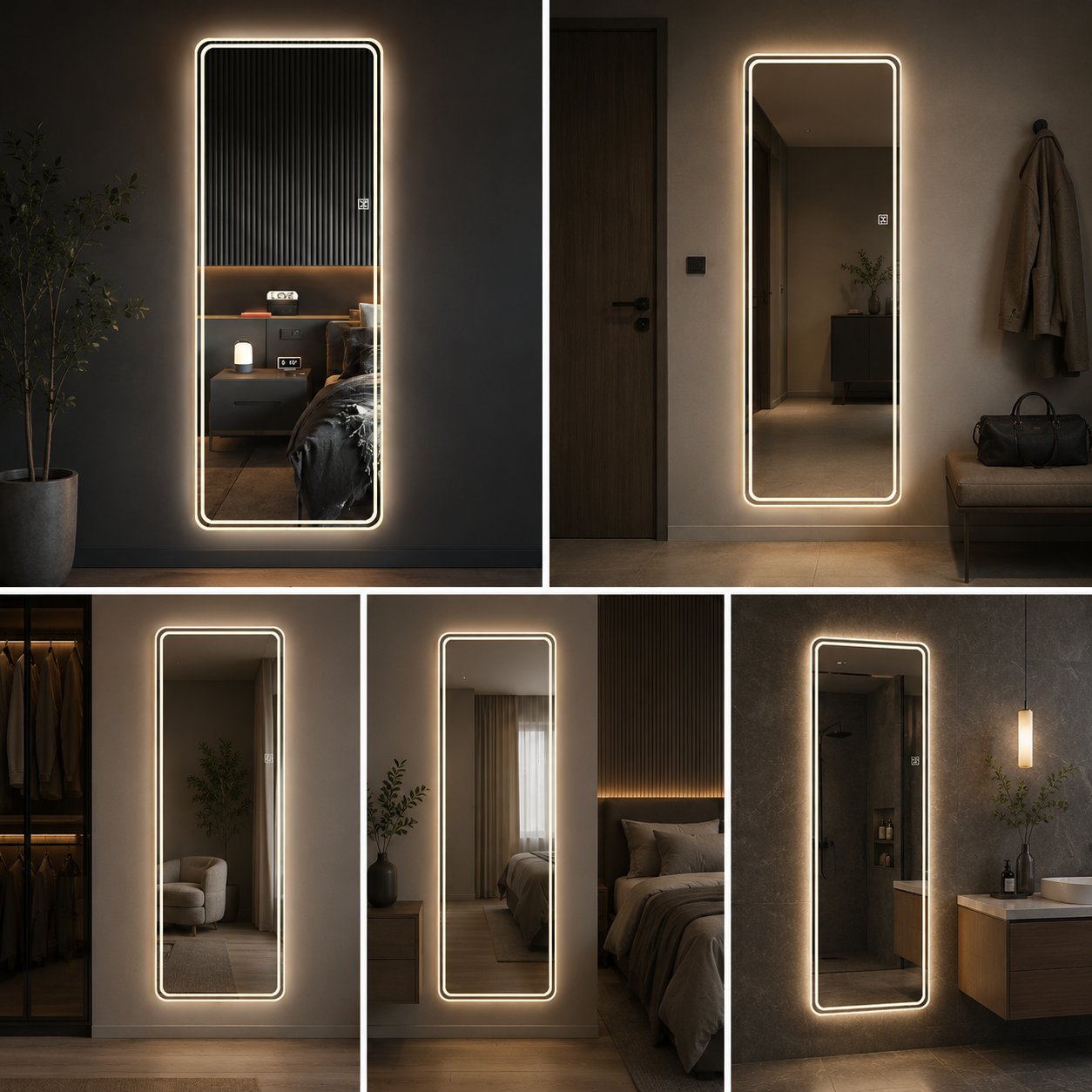 Full Length LED Mirror with Warm Backlight | Modern Rectangular Dressing Wall Mirror for Bedroom & Home