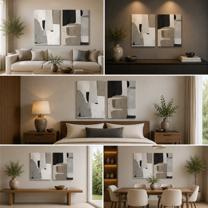 Abstract Geometric Wall Art Set of 2 Panels | Modern Neutral Canvas Painting | Acrylic UV Printed Wall Decor for Living Room Bedroom (18 x 24 Inches Each Part)