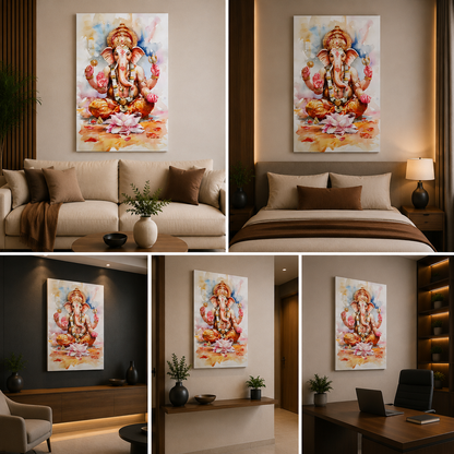 Lord Ganesha Lotus Canvas Painting Frame Spiritual Wall Decor for Living Room