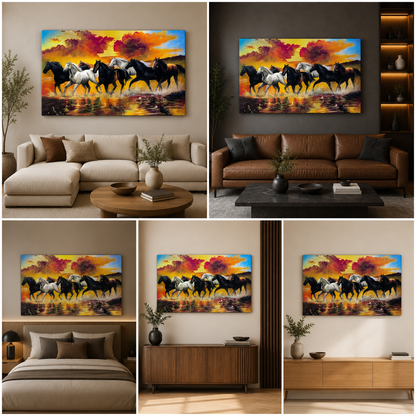 Running Horses Canvas Wall Painting | Sunset Horse Artwork for Home Decor