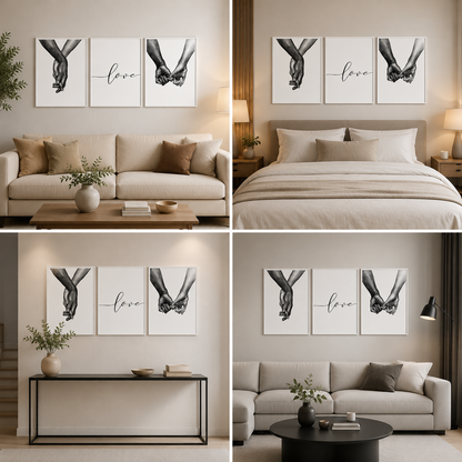 Minimalist Love Canvas Wall Art Set of 3 for Modern Bedroom and Living Room Decor