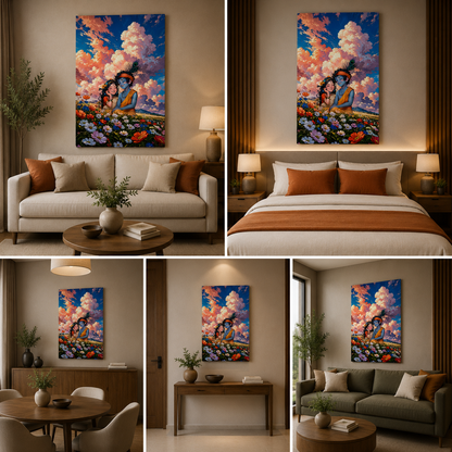 Radha Krishna Landscape Canvas Painting Frame | Flower Field Romantic Wall Art | Large Spiritual Canvas Wall Decor for Living Room