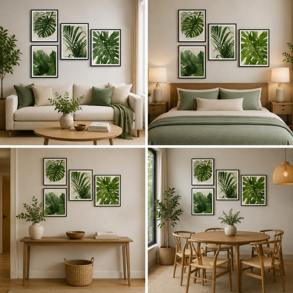 4-Piece Tropical Botanical Canvas Wall Art Set with Green Leaf Prints for Modern Interiors