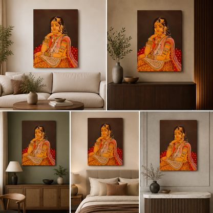 Royal Indian Woman Portrait Canvas Wall Art | Traditional Rajasthani Lady Painting | Elegant Heritage Decor