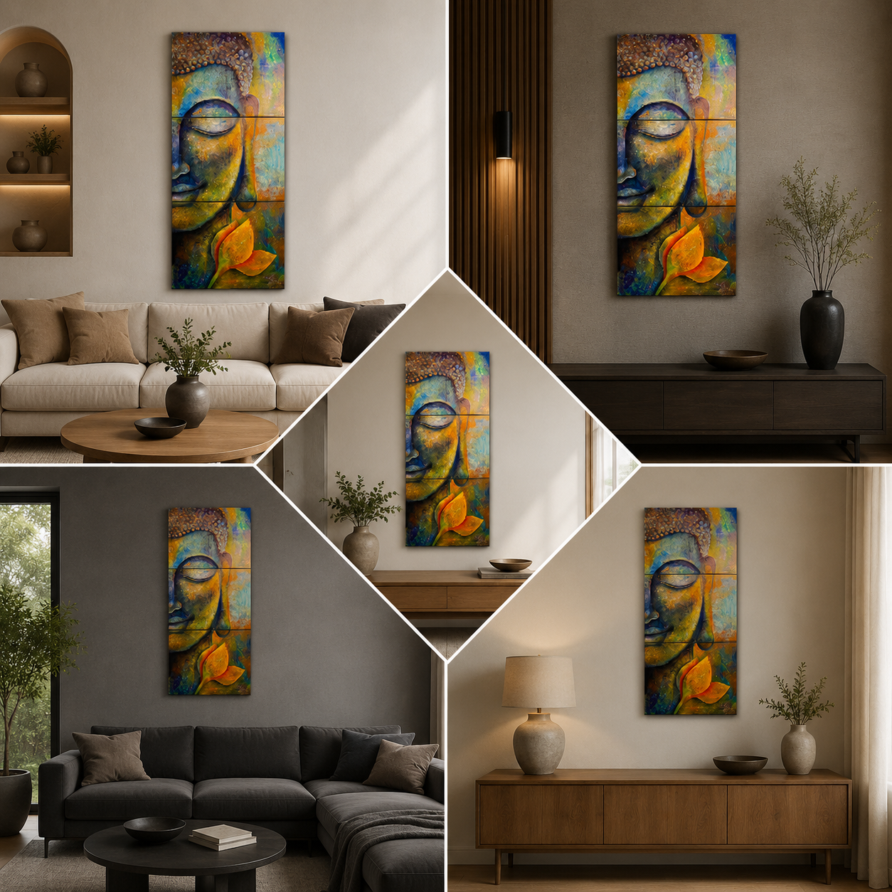 Abstract Buddha Face Wall Painting with Lotus | Spiritual Canvas Art for Modern Home Decor