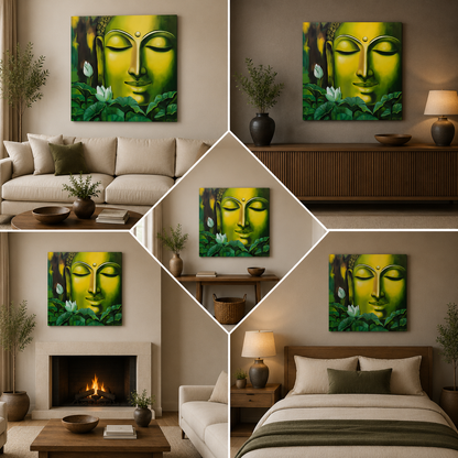 Green Buddha Face Wall Painting | Modern Spiritual Canvas Art for Living Room & Home Decor