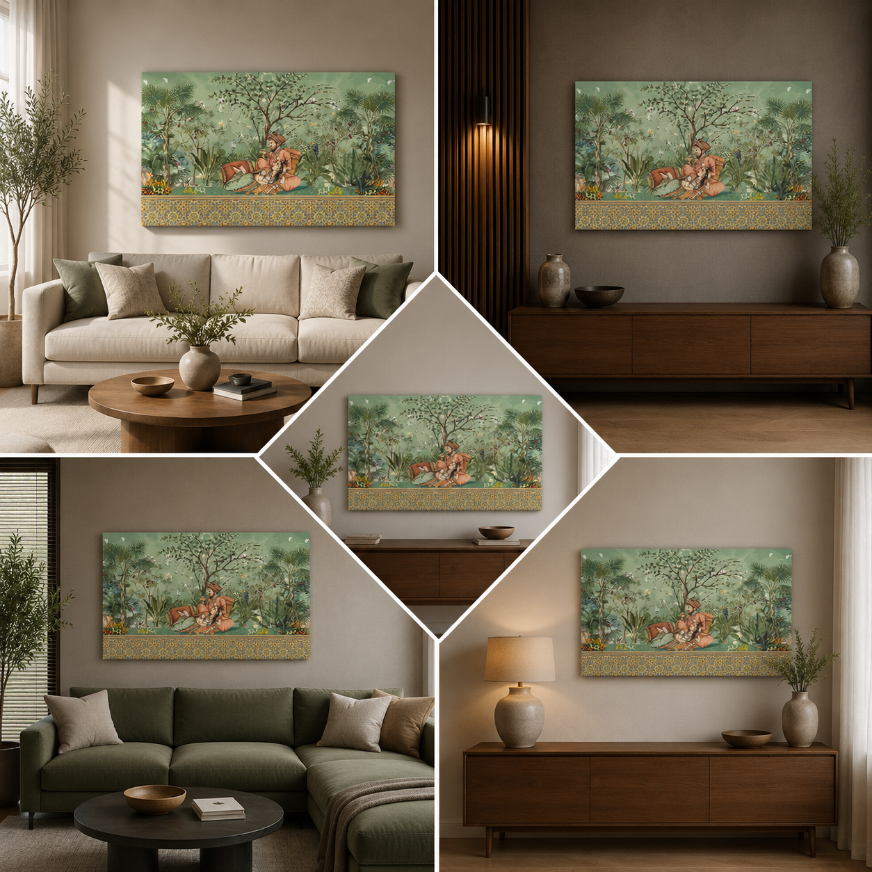 Royal Garden Leisure Canvas Wall Painting | Mughal Miniature Couple Artwork | Elegant Indian Heritage Wall Decor