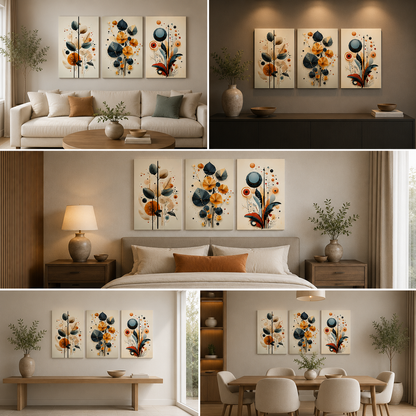 Abstract Botanical Geometric Wall Art Set of 3 Panels | Modern Floral Canvas Painting | Acrylic UV Printed Wall Decor for Living Room Bedroom (18 x 24 Inches Each Part)