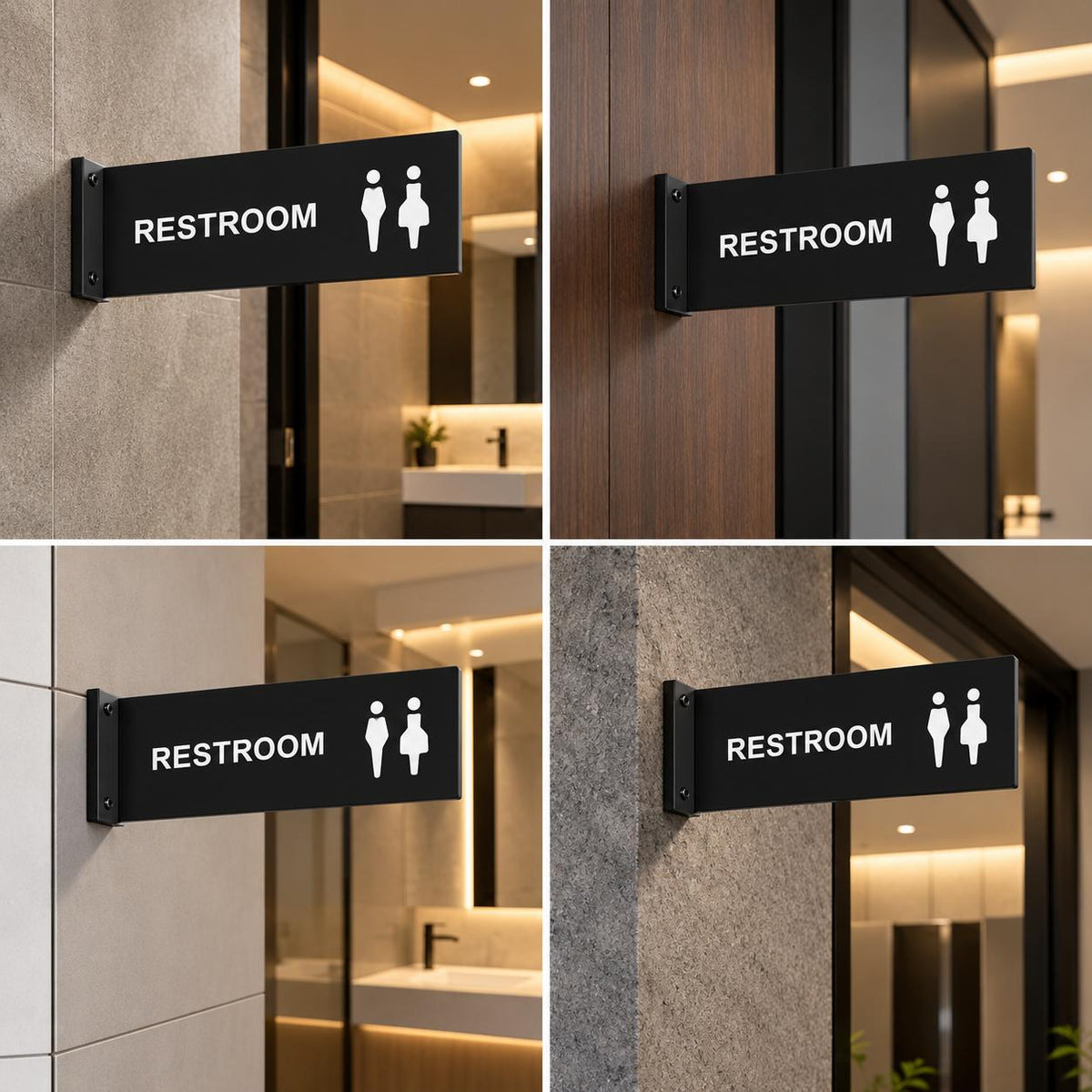 Modern Black Restroom Sign with White Text and Male Female Symbols, Wall Mounted (18 x 6 inches)