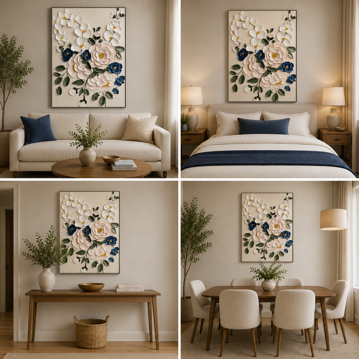 White and blue floral canvas artwork shown above a sofa, bed, console table and dining table.