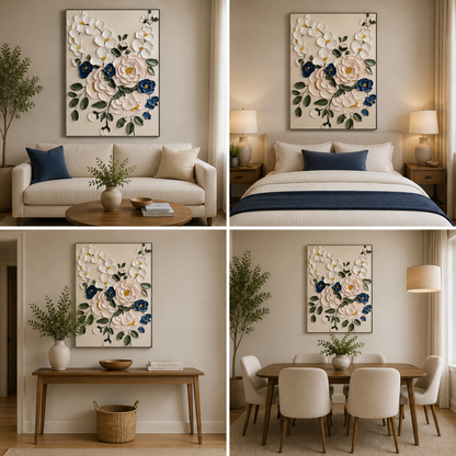 White and blue floral canvas artwork shown above a sofa, bed, console table and dining table.