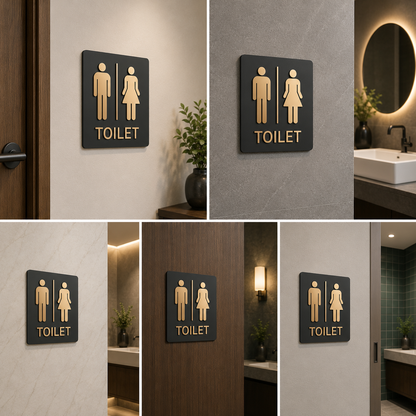Premium Black & Gold Toilet Sign Board | Male Female Washroom Signage for Hotels, Offices & Commercial Spaces