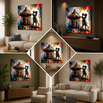 Romantic Couple Wall Painting | Colorful Love Canvas Art with Hut Scene for Home Decor
