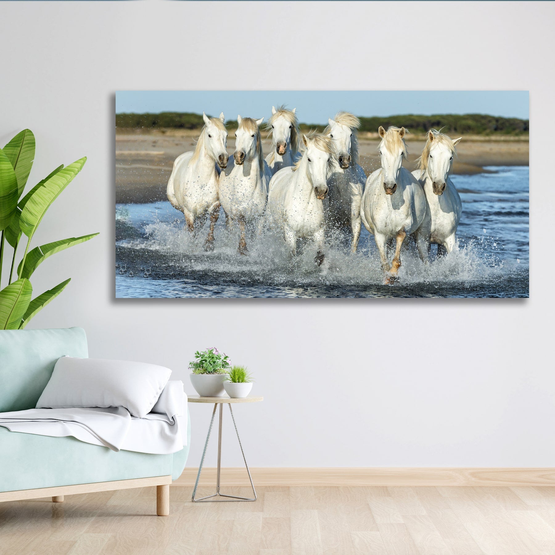 Seven White Running Horses Vastu Painting Canvas Wall Frame