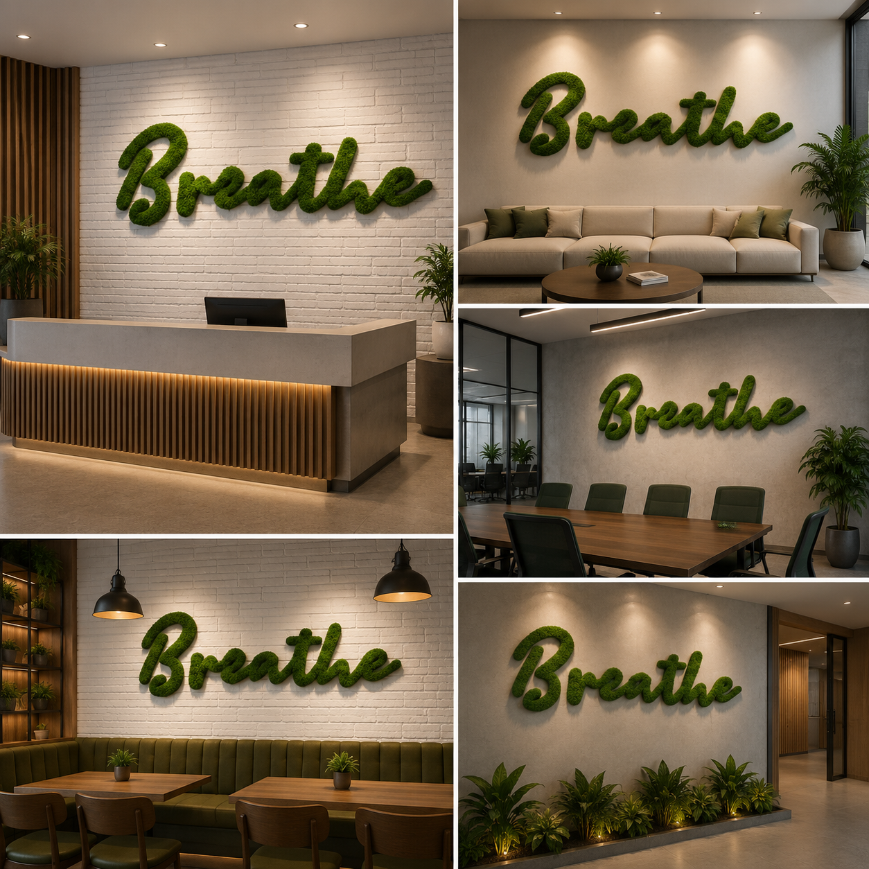 Artificial Moss Breathe Wall Sign Green Moss Letter Decor for Wellness Spa Yoga and Interior Spaces