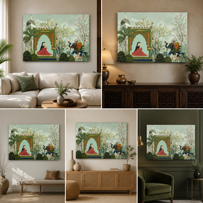 Rajasthani Palace Lady Elephant Canvas Painting Frame Wall Decor for Living Room Ethnic Artwork