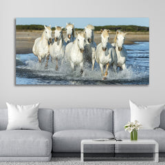 Seven White Running Horses Vastu Painting Canvas Wall Frame 