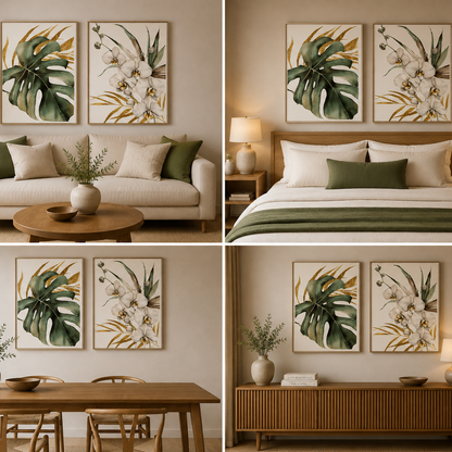 Set of 2 Botanical Wall Art Canvas Prints with Monstera Leaf and White Orchid Design