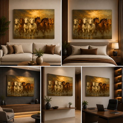 Seven Running Horses Canvas Painting Frame Wall Decor for Living Room Vastu Horse Artwork