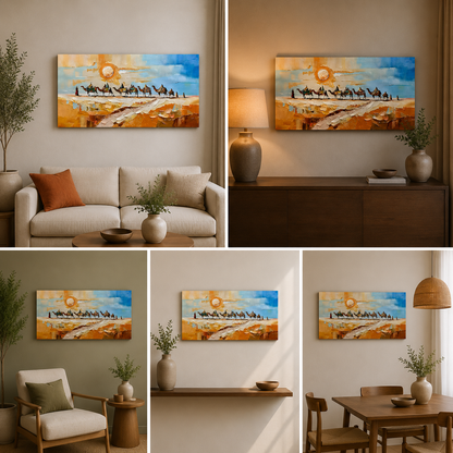 Desert Camel Caravan Wall Painting | Abstract Landscape Canvas Art for Living Room Decor