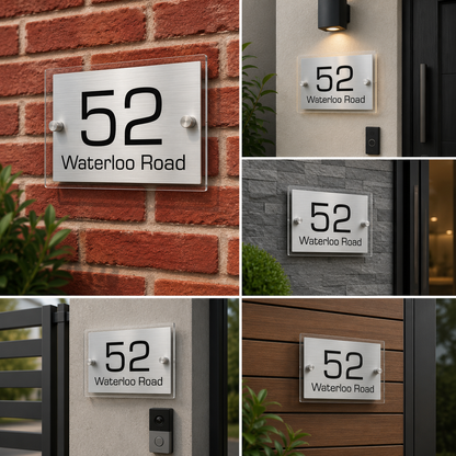 Premium Brushed Stainless Steel Acrylic House Number Address Plaque for Modern Entrance