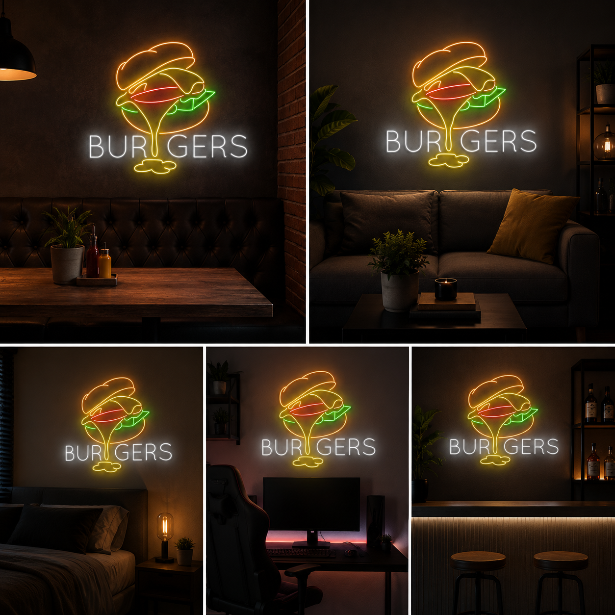 Burgers Neon Sign Board – Restaurant Custom Neon Light with Text Decor ( 20 By 20 Inches)