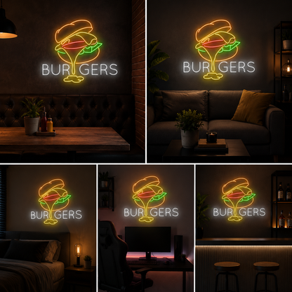 Burgers Neon Sign Board – Restaurant Custom Neon Light with Text Decor ( 20 By 20 Inches)