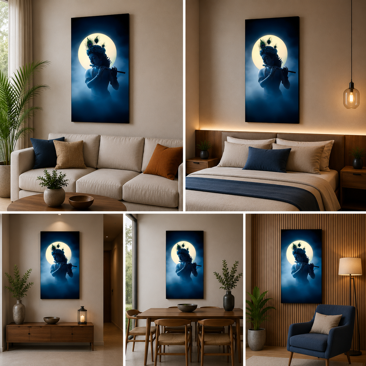 Krishna Moonlight Silhouette Canvas Painting Frame Spiritual Wall Decor for Living Room
