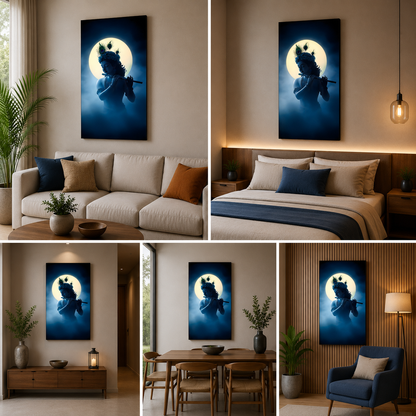 Krishna Moonlight Silhouette Canvas Painting Frame Spiritual Wall Decor for Living Room