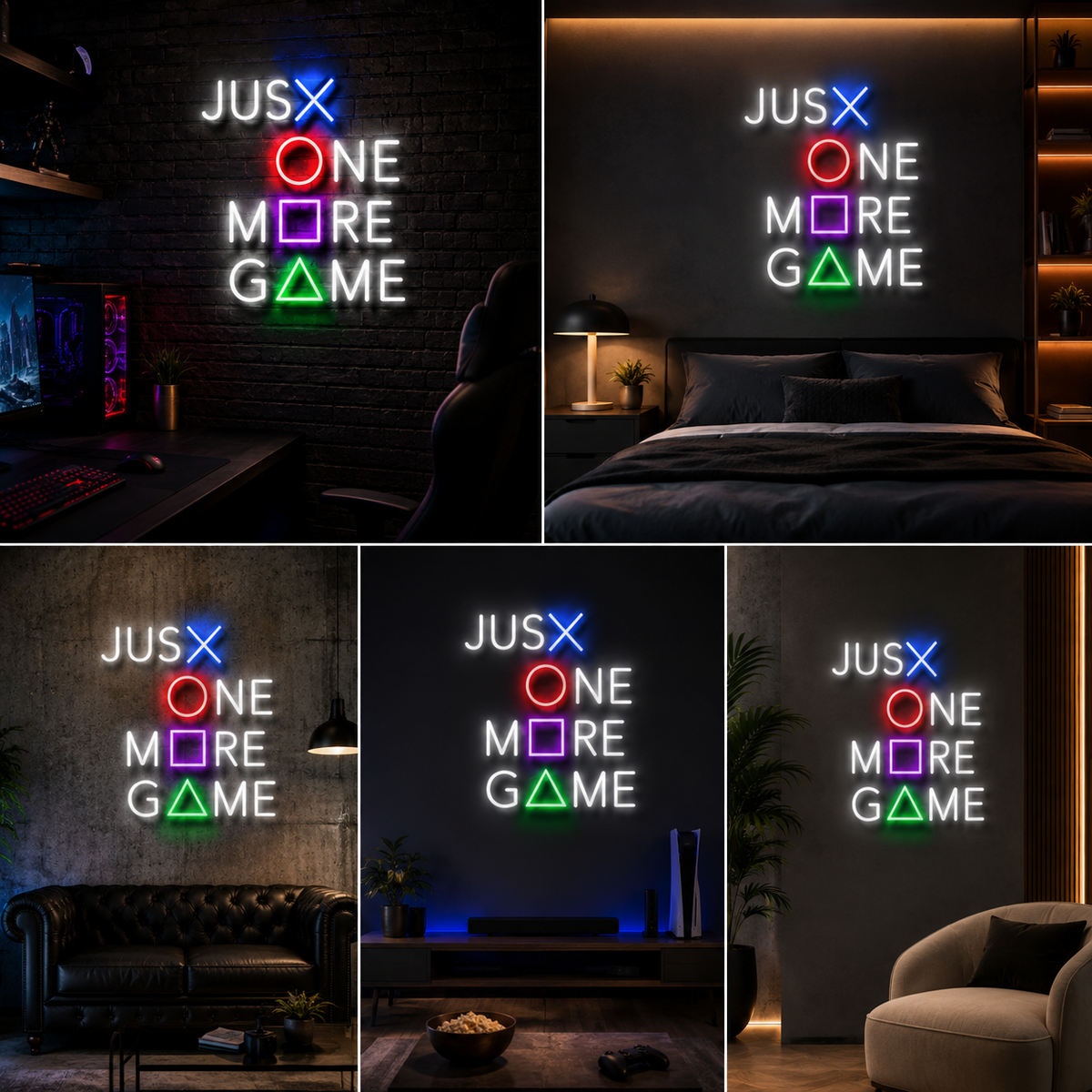Just One More Game LED Neon Sign with Colourful Gaming Symbols for Wall Decor