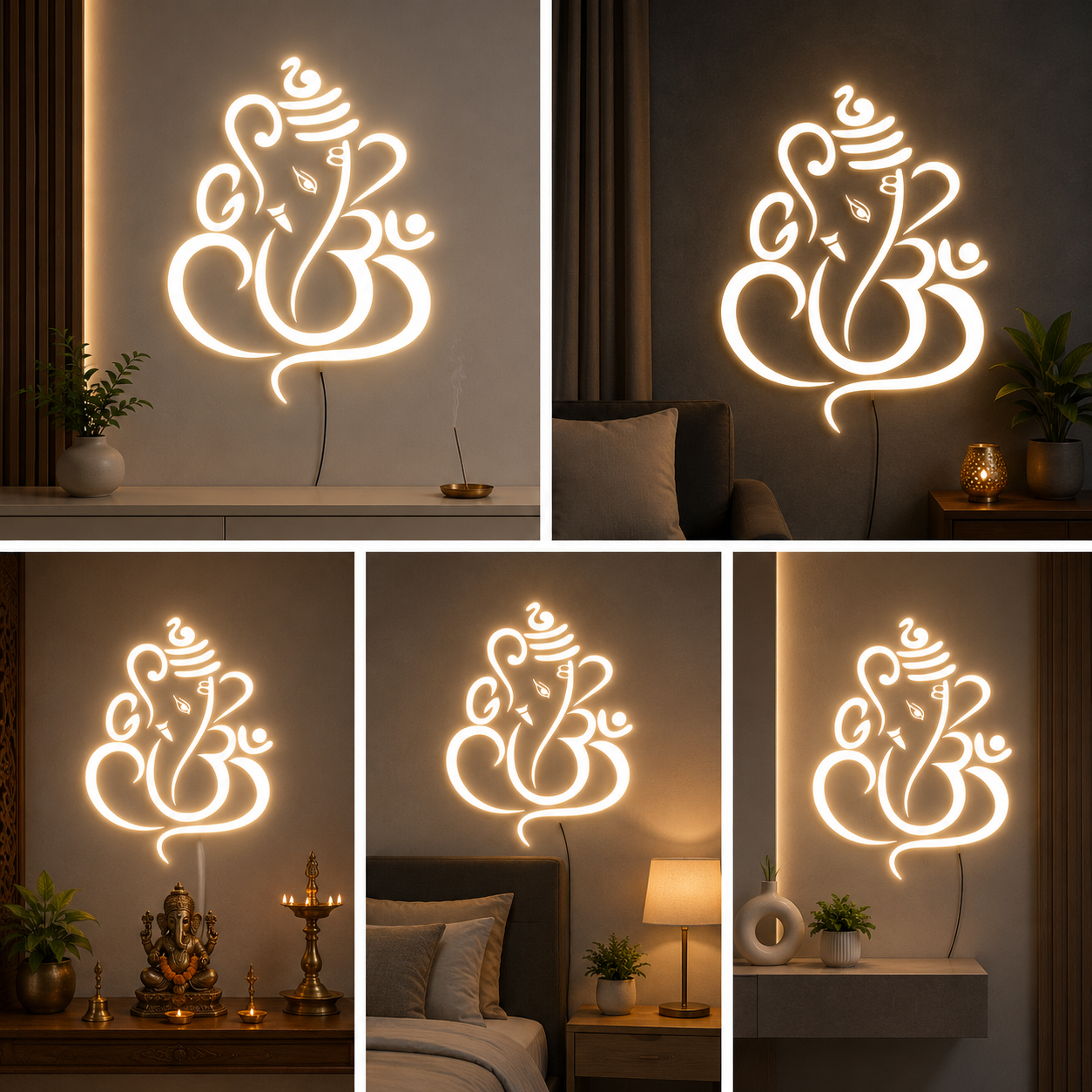 Lord Ganesha Neon Sign Board Warm White | LED Neon Light Spiritual Wall Decor for Home & Temple (18x18 In)