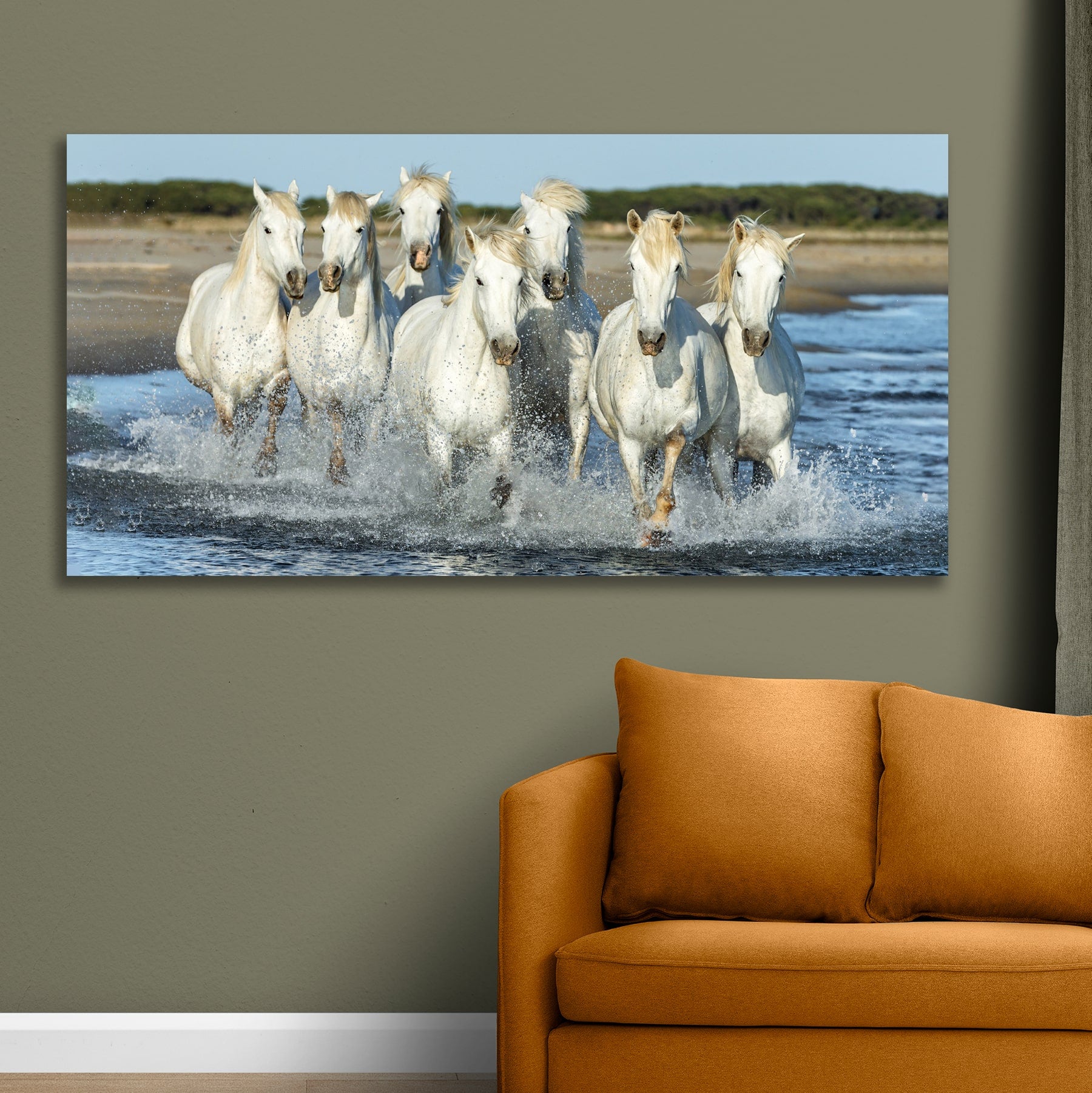 Seven White Running Horses Vastu Painting Canvas Wall Frame 