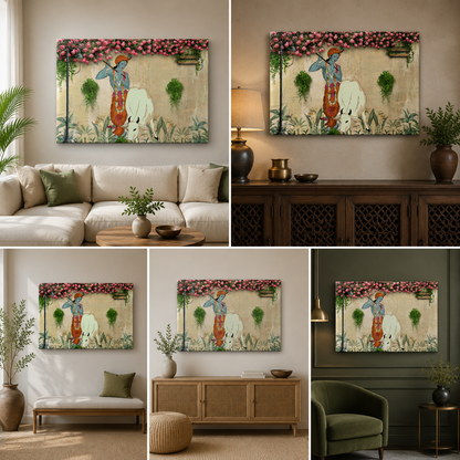 Lord Krishna with Cow Garden Style Canvas Painting Frame Wall Decor for Living Room Spiritual Artwork