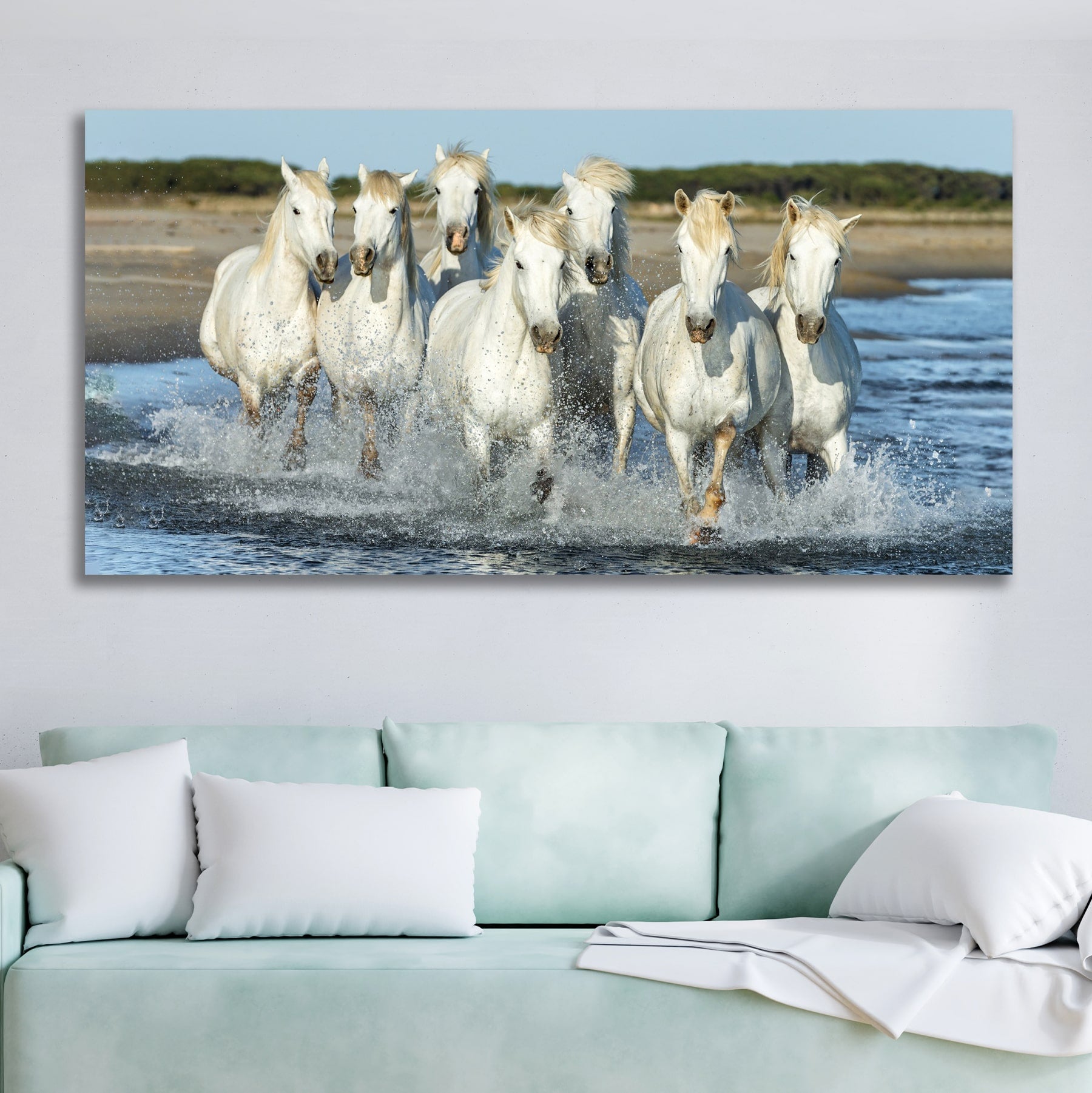 Seven White Running Horses Vastu Painting Canvas Wall Frame 