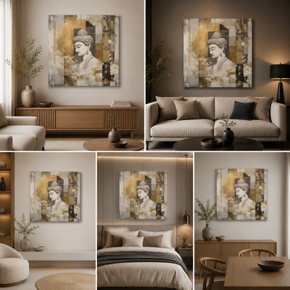 Modern Buddha Gold Abstract Canvas Painting Frame Premium Wall Decor for Living Room