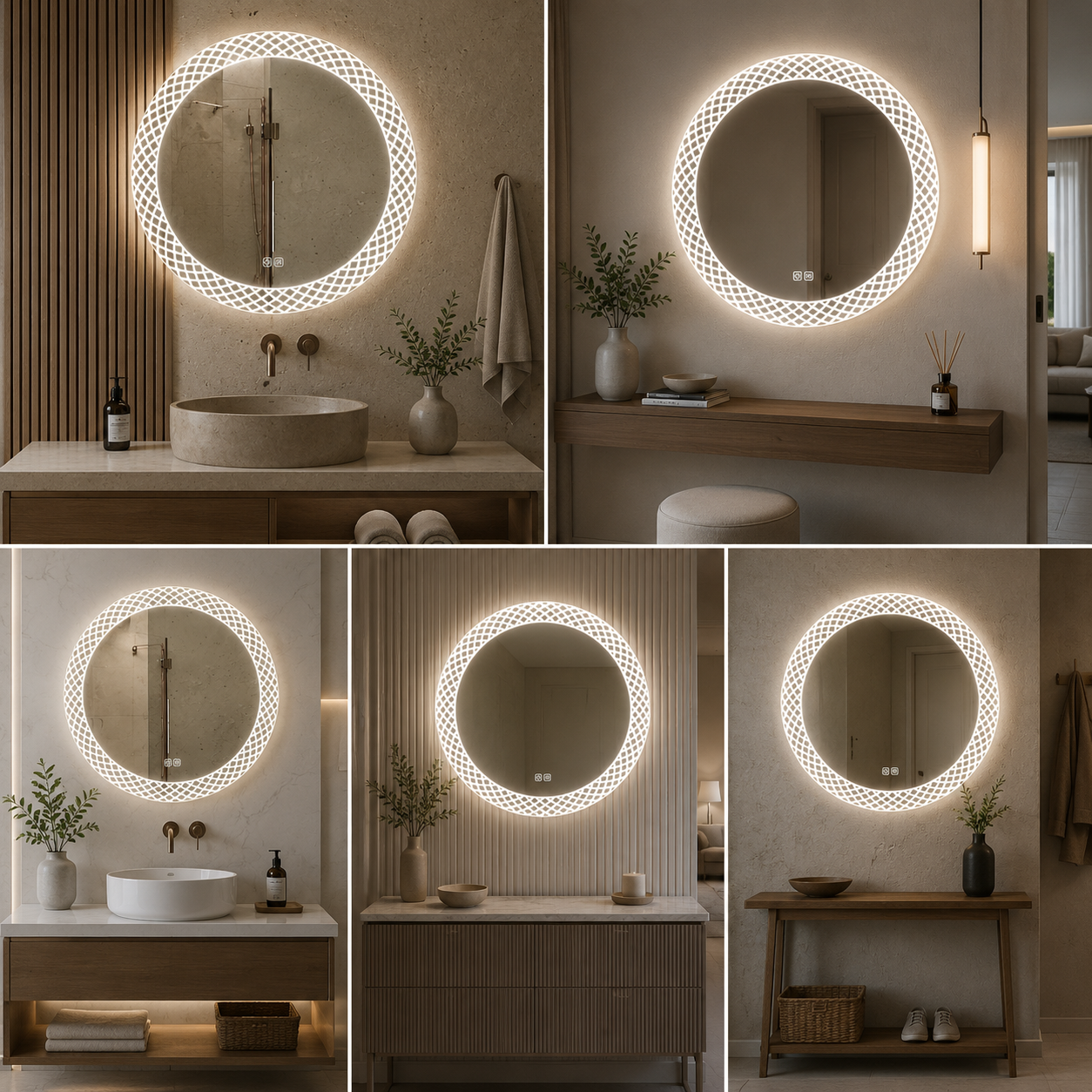 Designer Round LED Bathroom Mirror with Pattern Backlight | Modern Decorative Vanity Mirror with Ambient Light
