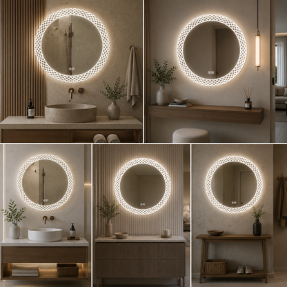 Designer Round LED Bathroom Mirror with Pattern Backlight | Modern Decorative Vanity Mirror with Ambient Light