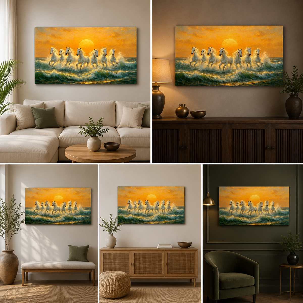 Seven White Horses Sunset Canvas Painting Frame Wall Decor for Living Room Vastu Artwork