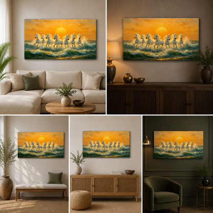 Seven White Horses Sunset Canvas Painting Frame Wall Decor for Living Room Vastu Artwork