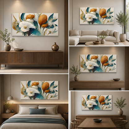 Elegant Floral Canvas Painting Frame – Modern White & Orange Flower Canvas Wall Art Painting Frame for Living Room Decor