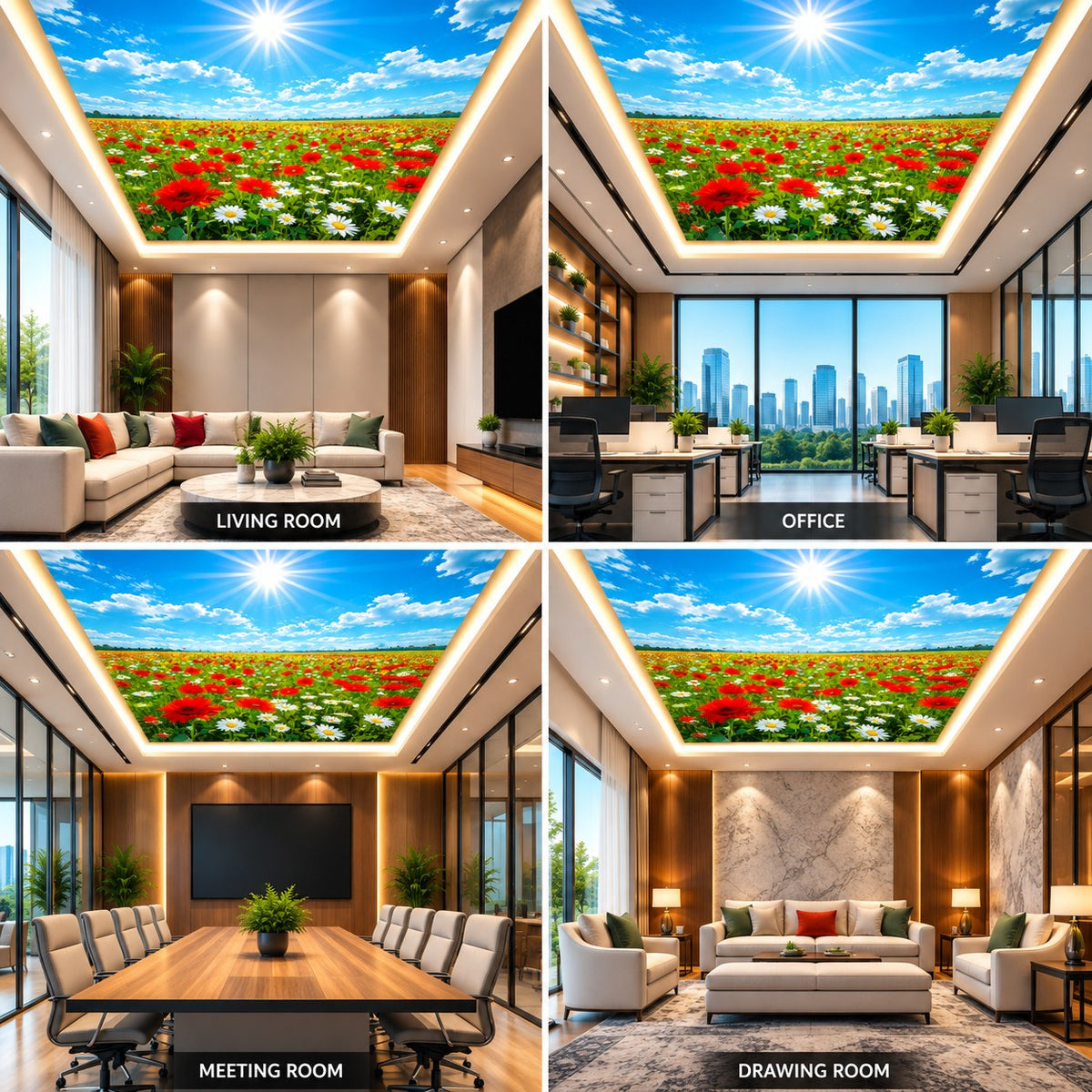 Red Poppy Flower Field Sky Ceiling Panel for Modern Living Room False Ceiling Decor