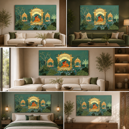 Royal Garden Pavilion Canvas Wall Painting | Mughal Inspired Woman & Nature Artwork | Premium Indian Heritage Wall Decor